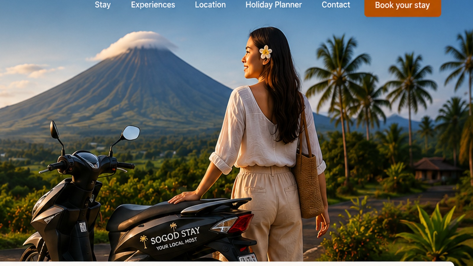 Woman beside a scooter with Mayon Volcano in Albay