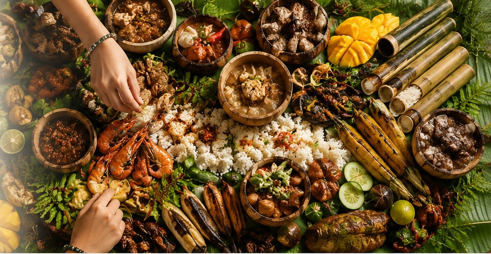 Filipino Boodle Fight feast served on banana leaves