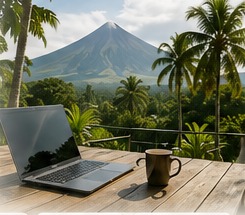 Laptop and coffee with tropical Albay scenery